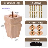 Square Wood Furniture Legs Set of 4 - Wooden Replacement Feet for Couch, Bed, Bench, Dresser, Rubber Wood Parts for Table, Sofa, Wooden Legs Chairs Complete with Installation Hardware, 4 inch Natural Texphw