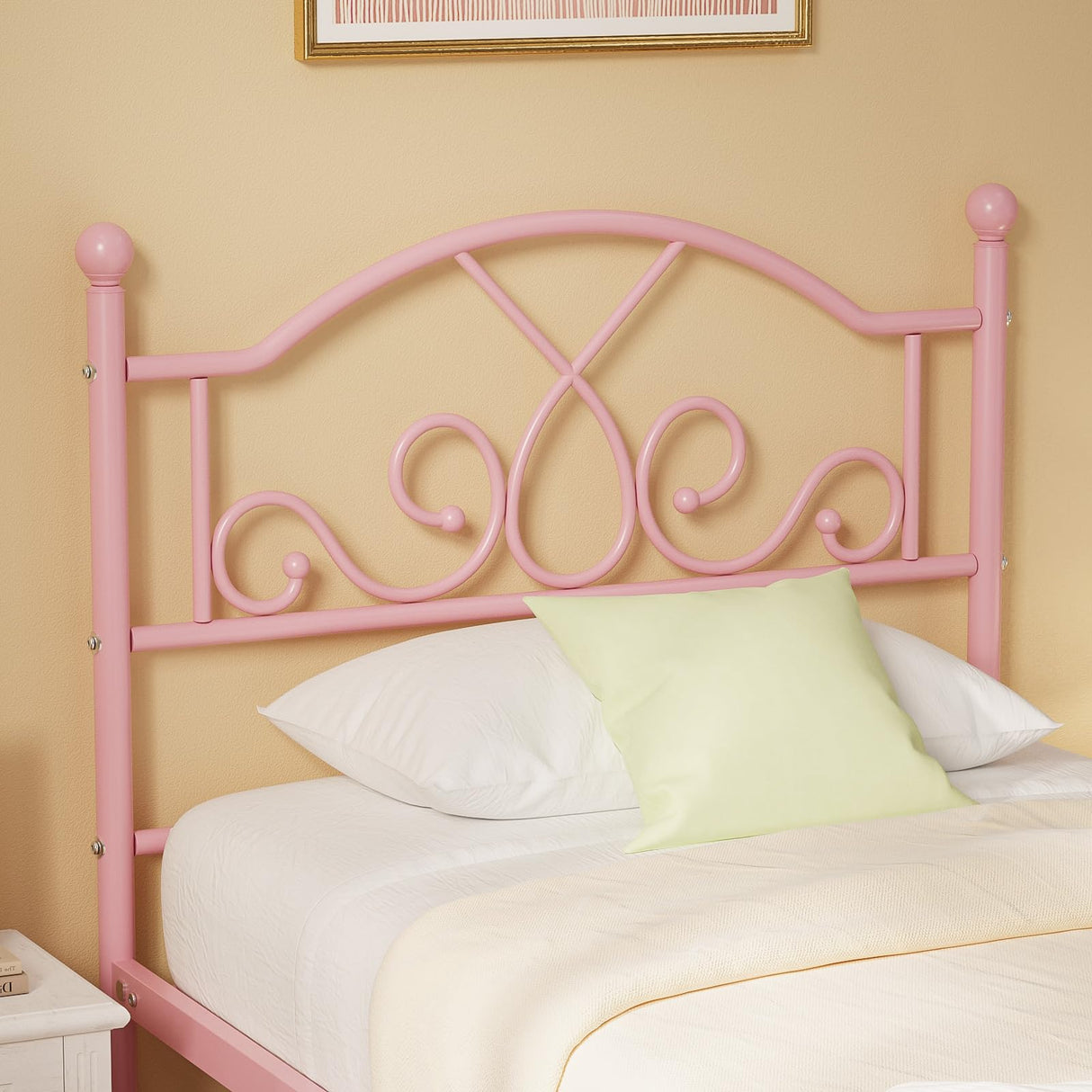 Weehom Twin Bed Frames, Modern Twin Size Metal Bed Frames for Kids Girls, No Box-Spring Needed Twin Platform Bed Frame with Unique Headboard and Footboard, 11.23 Inches Storage Space - Pink Weehom