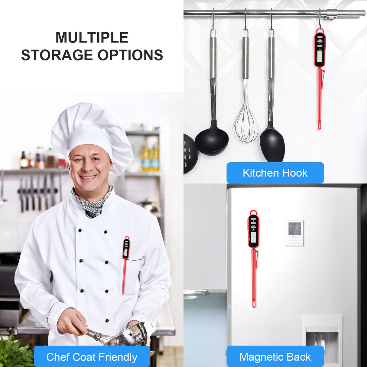 Lonicera Digital Cooking Thermometer for Bread Baking, Food and Water Temperature Measurement. Waterproof and Long Stem with Meat Temp Guide, Display with Backlit (Red) LONICERA