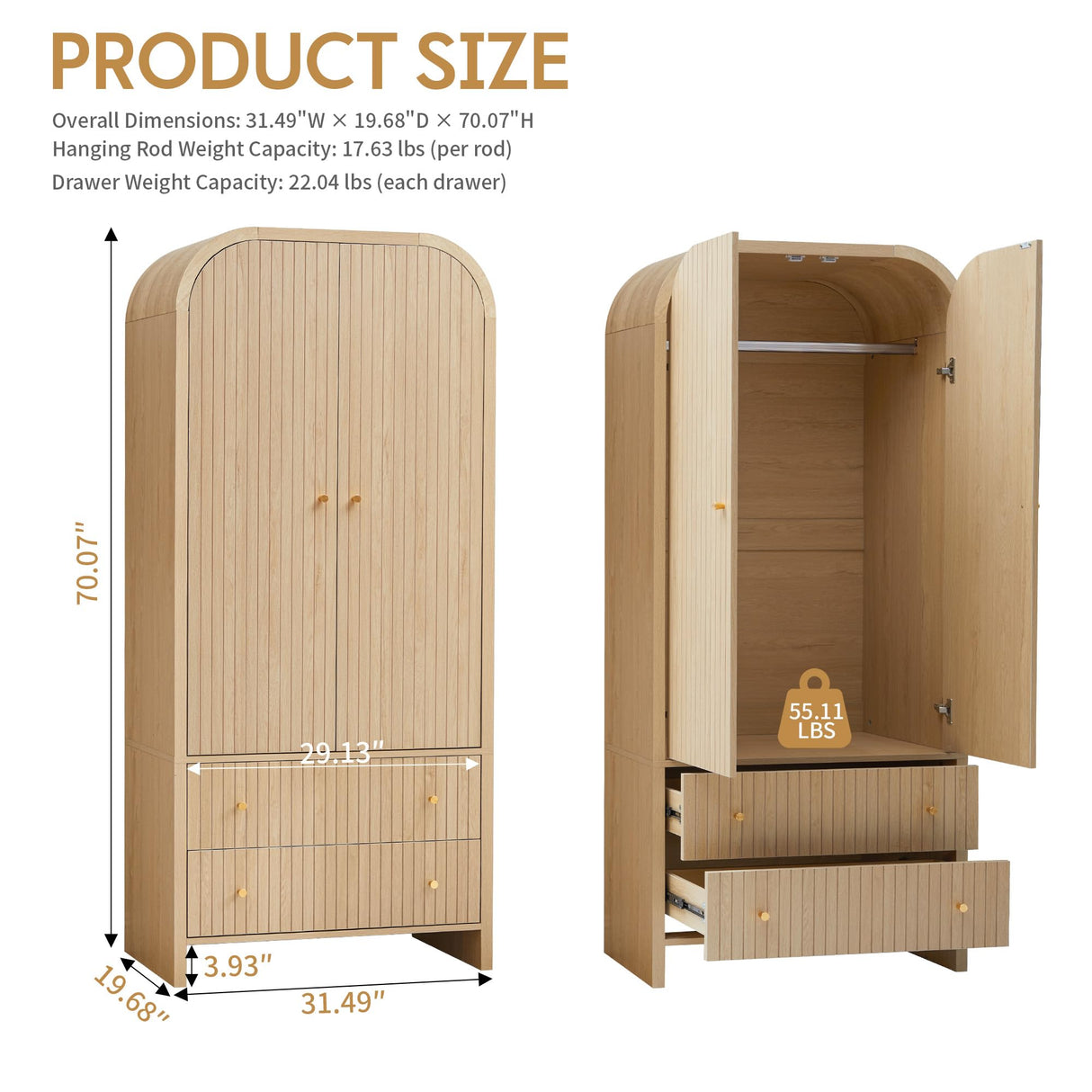 LEVNARY Arched Armoire Wardrobe Closet, Mid-Century Modern 2-Door Freestanding Wardrobe with Hanging Rod and 2 Drawers, Fluted Carved Clothing Storage Cabinet for Bedroom (Natural) LEVNARY