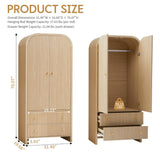 LEVNARY Arched Armoire Wardrobe Closet, Mid-Century Modern 2-Door Freestanding Wardrobe with Hanging Rod and 2 Drawers, Fluted Carved Clothing Storage Cabinet for Bedroom (Natural) LEVNARY