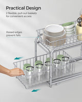 SONGMICS 2-Tier Pull Out Cabinet Organizers, Under Sink Organizer, Bathroom Organizer and Storage, Sliding Basket Drawers, Stackable for Kitchen, Bathroom, Metallic Silver UKCS017E01 SONGMICS