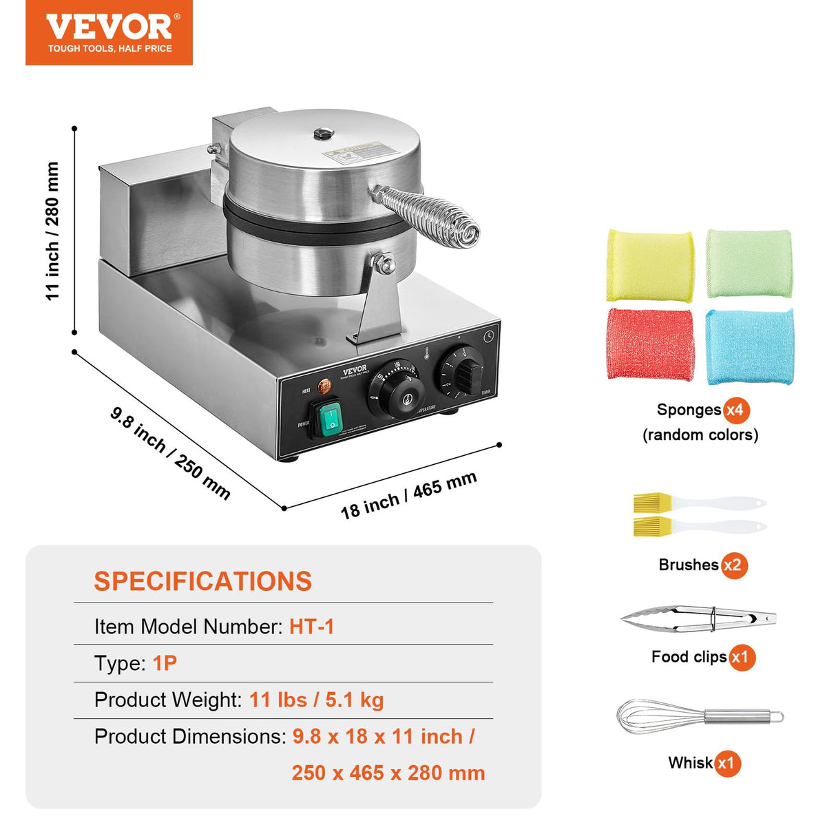 VEVOR Commercial Waffle Maker, 1230W Round Waffle Baker Machine, Non-Stick Stainless Steel Belgian Waffle Iron with Temperature and Time Control, Handle, for Restaurant Bakery Snack Bar Family VEVOR