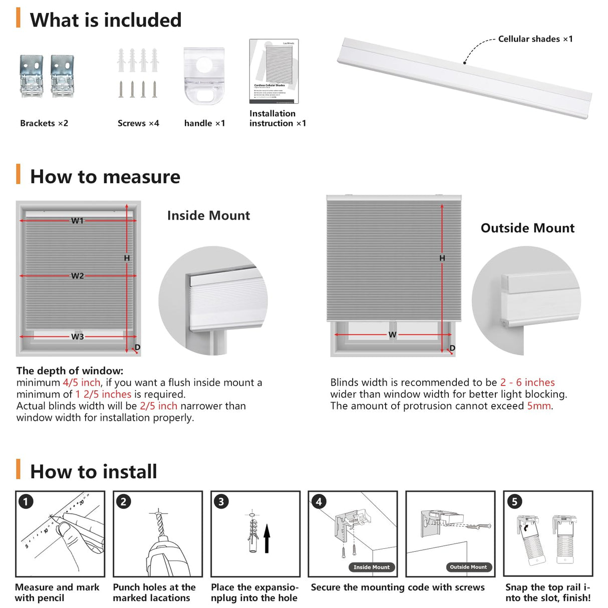 LazBlinds Cordless Cellular Shades, Blackout Privacy Honeycomb Shades for Home, Thermal Insulation Noise Reduction Blinds for Windows, 22'' W x 36'' H, White LazBlinds