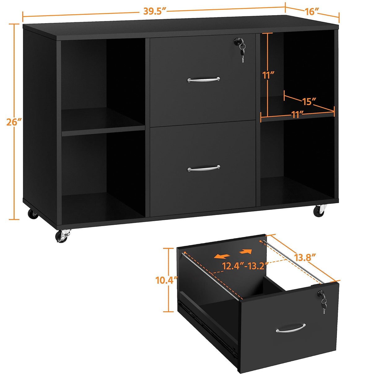 Yaheetech Black File Cabinet Large Mobile Storage Lateral Filing Cabinet with 2 Drawer and 4 Open Compartments,for Letter Size A4 Size, Printer Stand for Home Office, Black Yaheetech