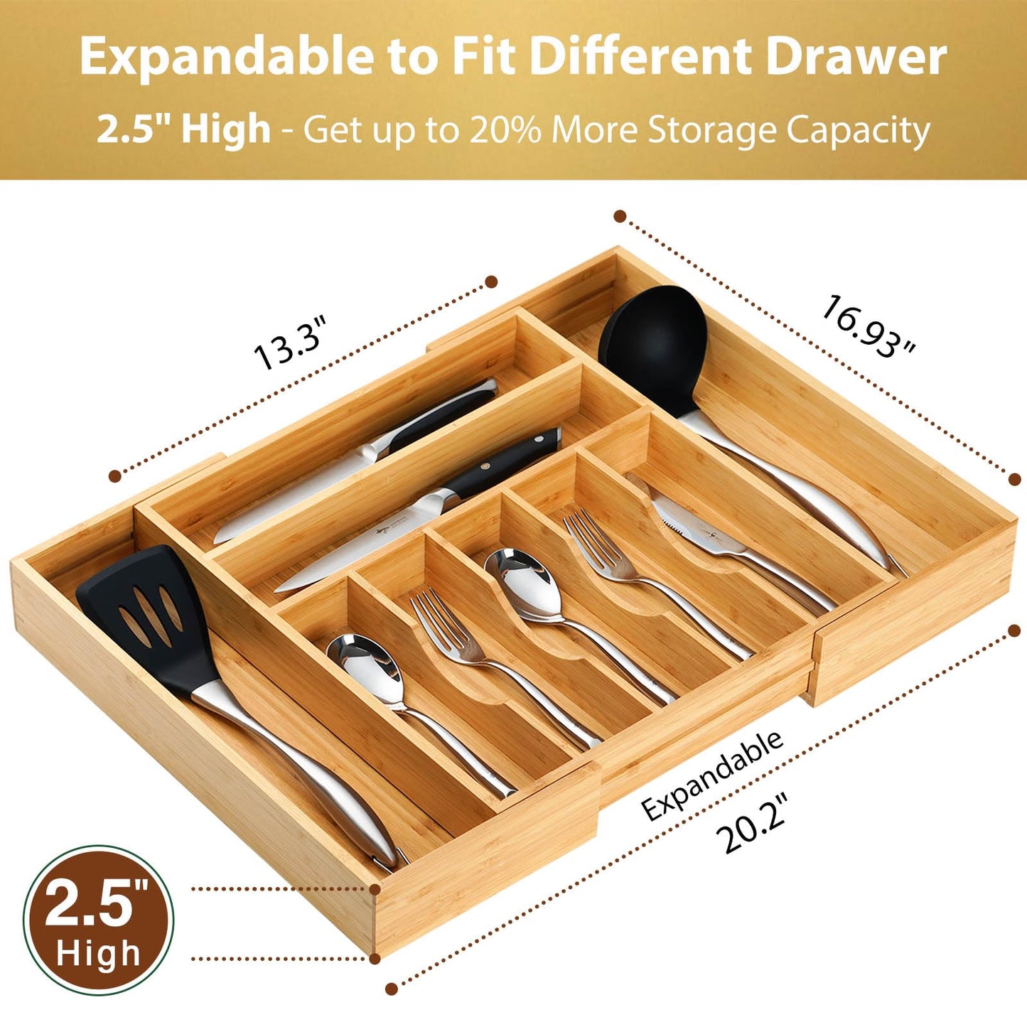 Umilife Large Expandable Kitchen Siverware Utensils Drawer Organizer, 2.5" Extra High Adjustable Drawer Divider with Curved Grooves, Bamboo Wood Cutlery Tray Flatware Holder