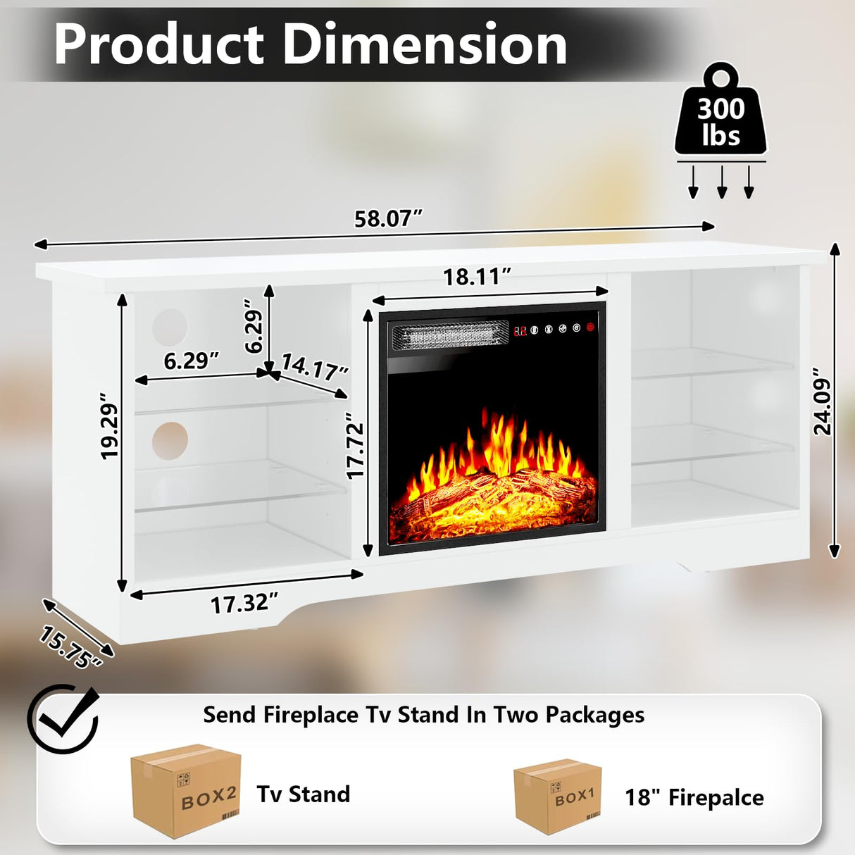 TAVATA Fireplace TV Stand with 18''Fireplace, Modern Entertainment Center for TVs up to 65 inch, Media TV Console with Adjustable Glass Shelves and Storage Cabinets(White) TAVATA