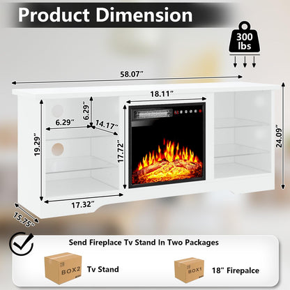 TAVATA Fireplace TV Stand with 18''Fireplace, Modern Entertainment Center for TVs up to 65 inch, Media TV Console with Adjustable Glass Shelves and Storage Cabinets(White)
