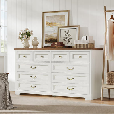 DICTAC 10 Drawers Dresser for Bedroom,55" Wide Farmhouse Dresser with Natural Texture and Vintage Metal Handles, Rustic Wood Chest of Drawers for Bedroom, Living Room, Hallway,White