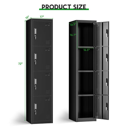 INTERGREAT Metal Locker for Employees with 4 Doors,72" Black Steel Locker Storage Cabinet with 4 Tiers,Tall School Lockers for Home Office,Gym - WoodArtSupply