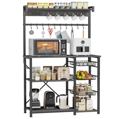 Kalrin Large Bakers Rack with Power Outlets 38.8 Inches, 15 Hooks Coffee Bar with 3 Wire Basket, Microwave Stand Kitchen Storage Shelf for Spices, Cups, Pots, 38.8 x 16.3 x 62.2 in, Gray Oak