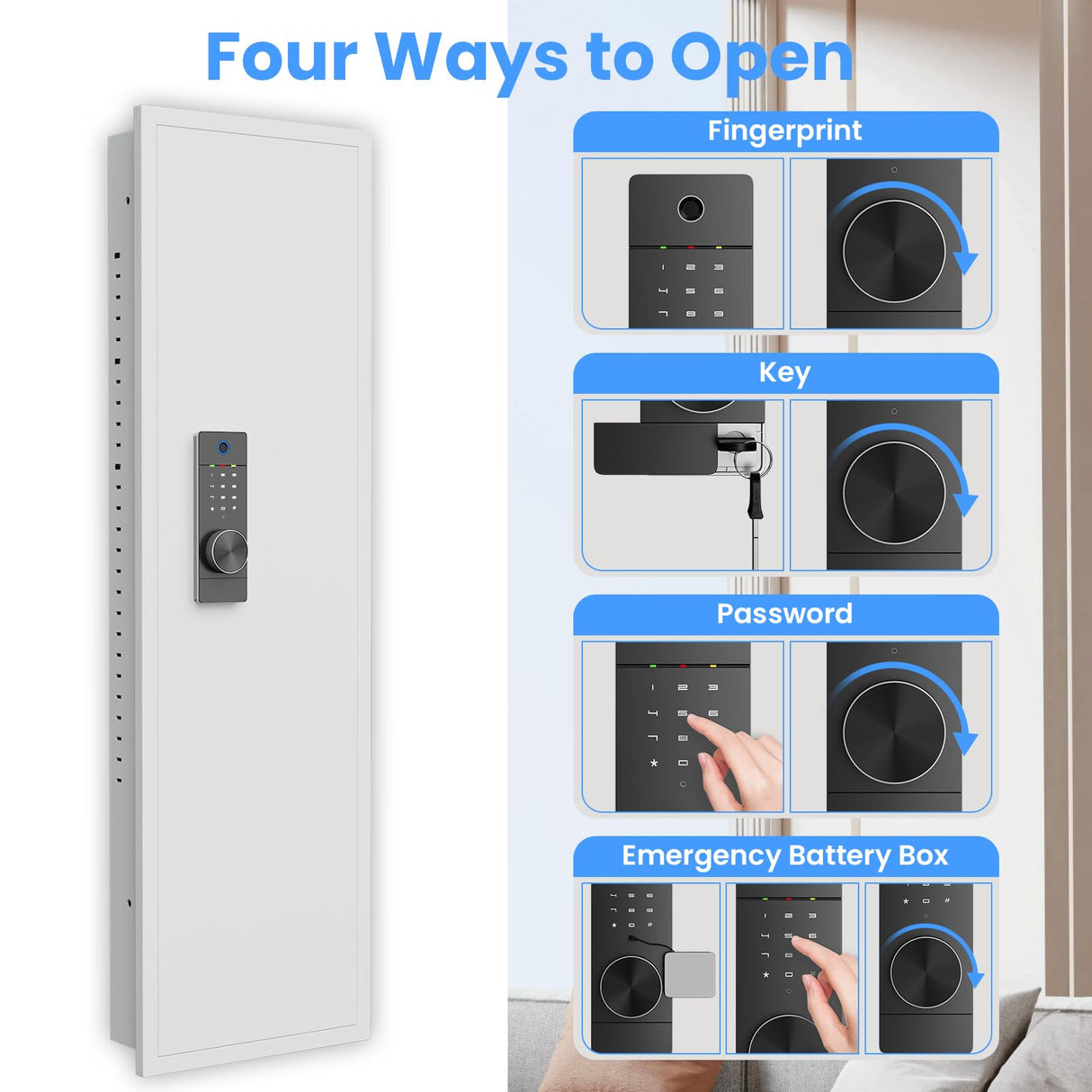 2024 NEW 53.15” Wall Gun Safe, Fingerprint Wall Safe Between the Studs with Dual Alarm ＆ Mute Mode, Hidden Wall Gun Safe for Rifles and Pistols with Adjustable Shelves, Magnetic Gun Support & Key Hook silkight