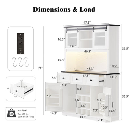 Amposei Farmhouse Kitchen Pantry Storage Cabinet 71-Inch Tall Hutch Cabinet with Microwave Stand, 3 Drawers, Power Outlet, Pegboard, Wine Racks, LED Light Rustic Coffee Bar Station, White Oak Amposei