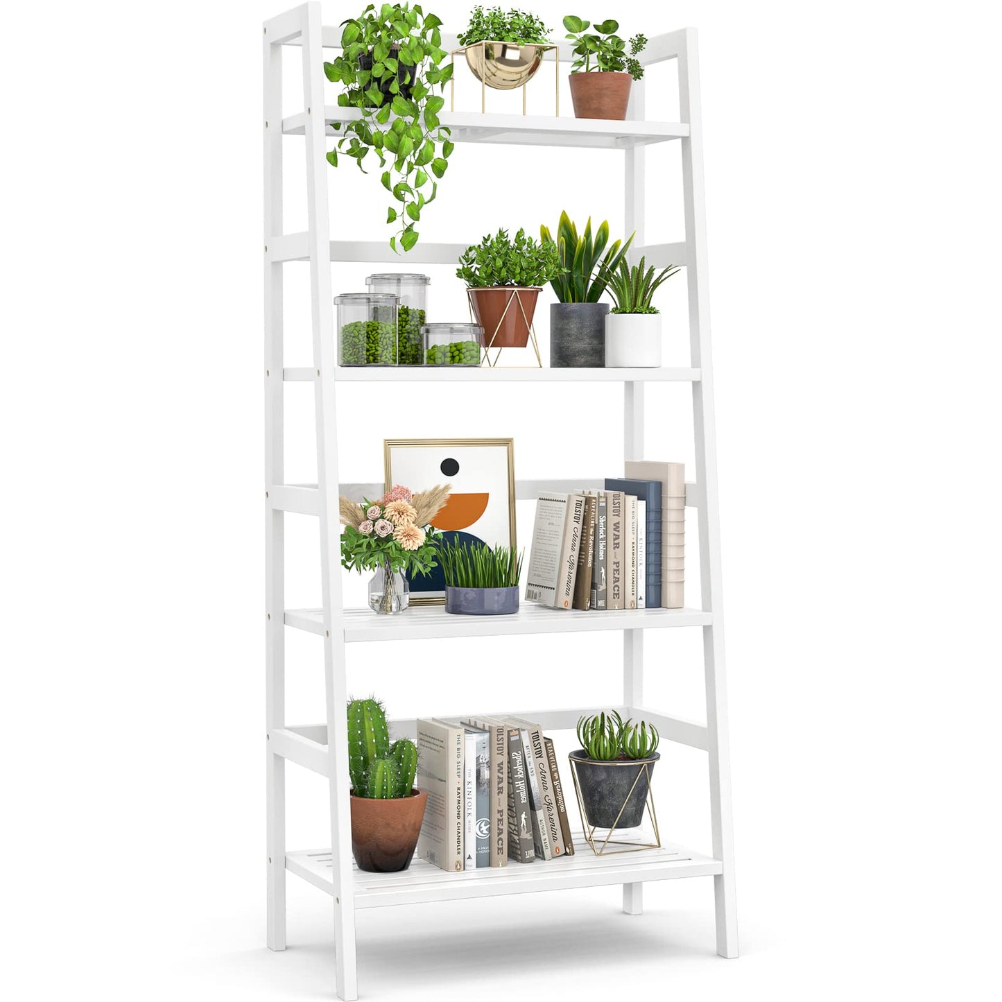 Homykic Bamboo White Bookshelf 4-Tier Ladder Shelf, 49.2” Freestanding Open Bookcase Book Shelf Bathroom Storage Shelf Unit Plant Stand for Small Space, Bedroom, Living Room, Home Office - WoodArtSupply