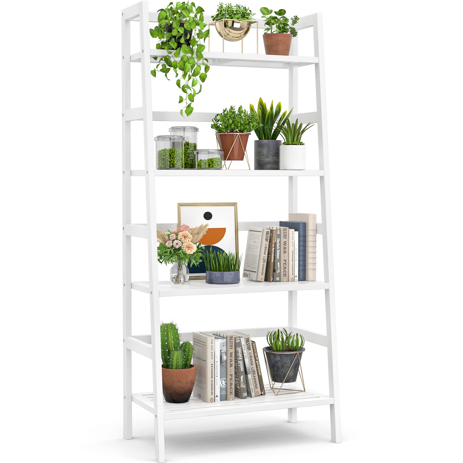 Homykic Bamboo White Bookshelf 4-Tier Ladder Shelf, 49.2” Freestanding Open Bookcase Book Shelf Bathroom Storage Shelf Unit Plant Stand for Small Space, Bedroom, Living Room, Home Office - WoodArtSupply