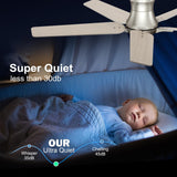 POCHFAN 52 Inch Ceiling Fans With Lights and Remote, Brushed Nickel Flush Mount Low Profile Ceiling Fan for Bedroom, Living Room, Patio, Dimmable 6 Speeds Noiseless Reversible POCHFAN