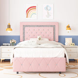 HOMBCK Twin Bed Frame, Pink Upholstered Bed Frame Twin Size with Diamond Tufted Headboard, Girls Twin Bed Frame with Faux Leather Headboard & Footboard, Wooden Slats Support, No Box Spring Needed HOMBCK