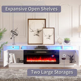 AMERLIFE Fireplace TV Stand with 36" Fireplace, 70" Modern High Gloss Fireplace Entertainment Center LED Lights, 2 Tier TV Console Cabinet for TVs Up to 80", Ivory White AMERLIFE