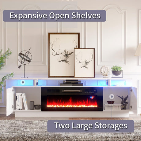 AMERLIFE Fireplace TV Stand with 36" Fireplace, 70" Modern High Gloss Fireplace Entertainment Center LED Lights, 2 Tier TV Console Cabinet for TVs Up to 80", Ivory White AMERLIFE