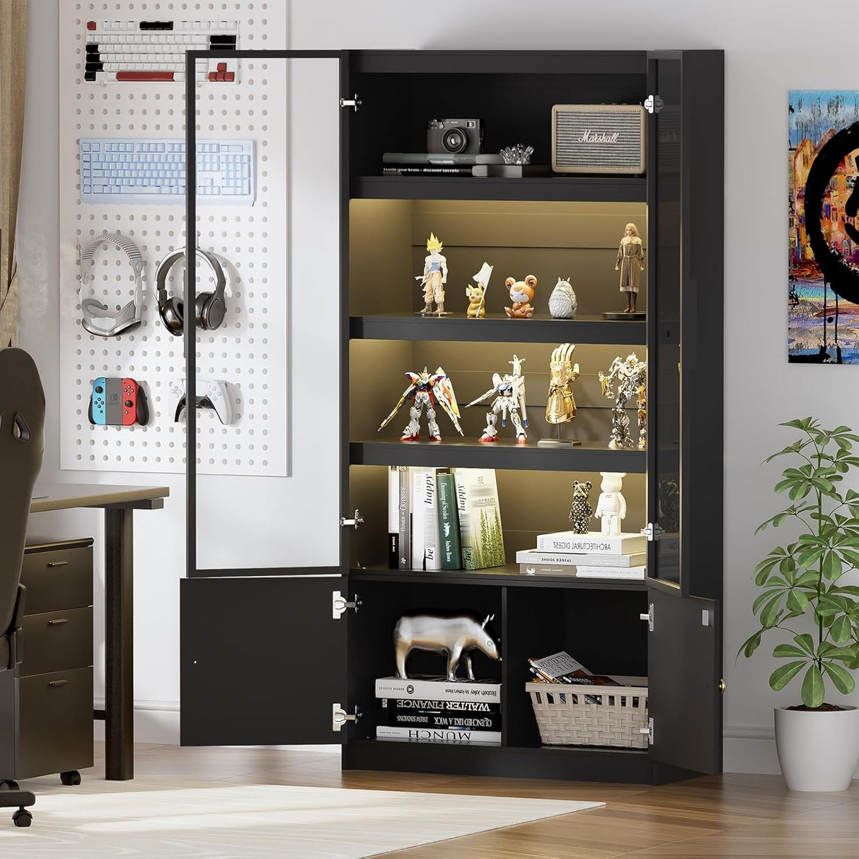 PAKASEPT 5 Tier Display Case with Glass Doors, 65" Display Cabinet with LED Light, Tall Curio Cabinets Display Shelf for Collectibles, Bookcase Bookshelf for Bedroom, Living Room PAKASEPT