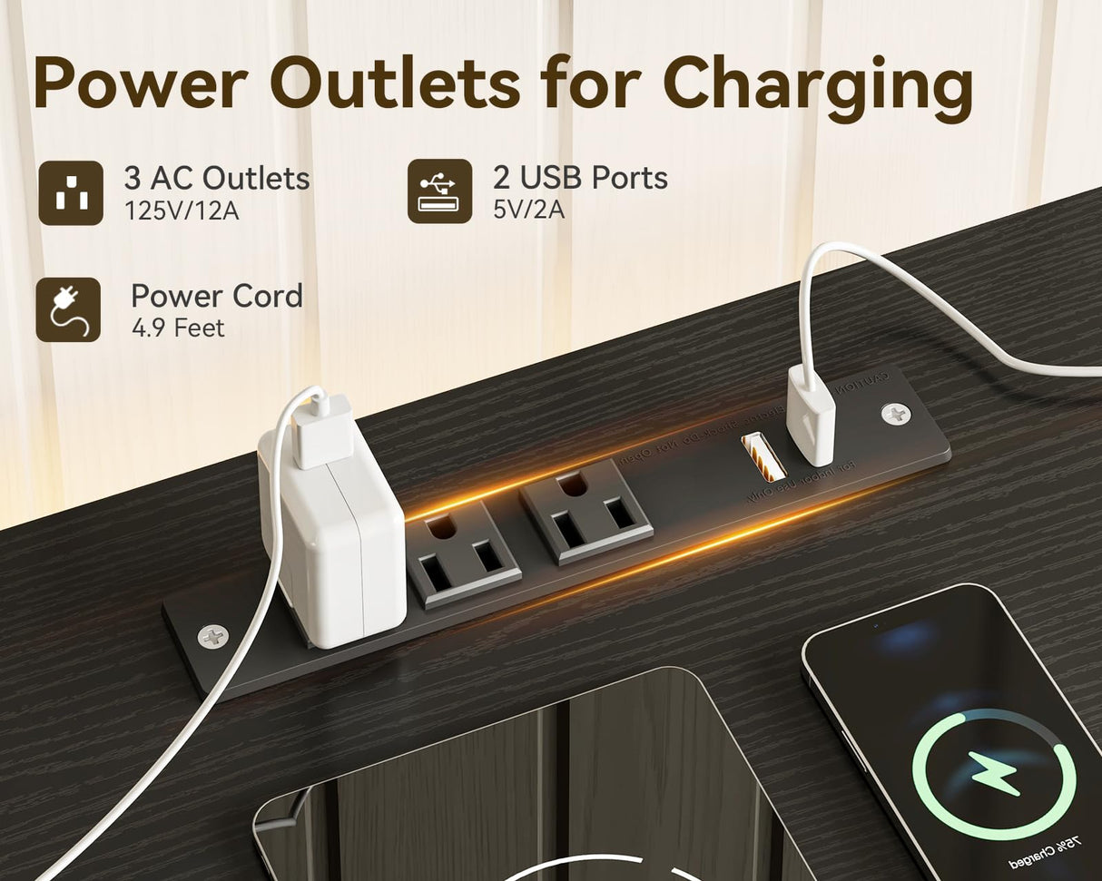 KKL Dresser for Bedroom with Clothes Hanging Rack, Reversible Bedroom Dresser with Shoe Rack & 6 Fabric Drawers, 3-in-1 Storage Chest of Drawers with Led Lights & Charging Station for Closet, Black KKL