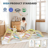 BlueWood Pikler Triangle Set, Toddler Wooden Climbing Toys Indoor 7in1 Foldable Climber for Kids, Montessori Philosophy Play Jungle Gym with Arch, Ramp, Ladder (Colorful Spring) BlueWood