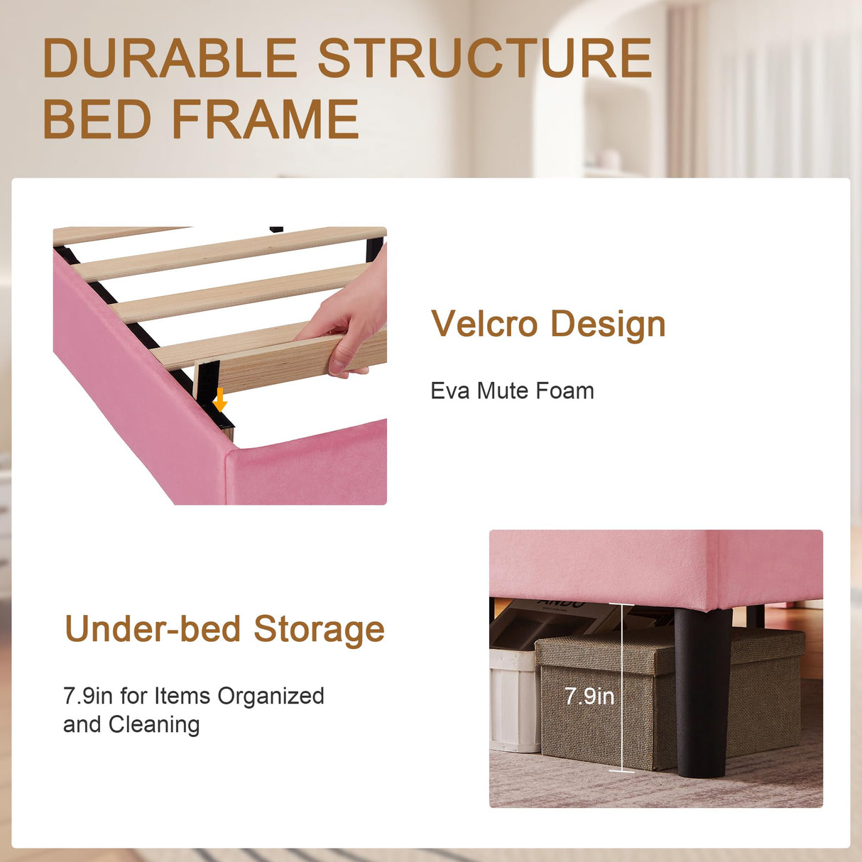 VECELO Queen Bed Frame Platform Bed Frame with Upholstered Headboard, Strong Frame and Heavy-Duty Slats Support, Non-Slip and Noise-Free, Easy Assembly,Pink VECELO