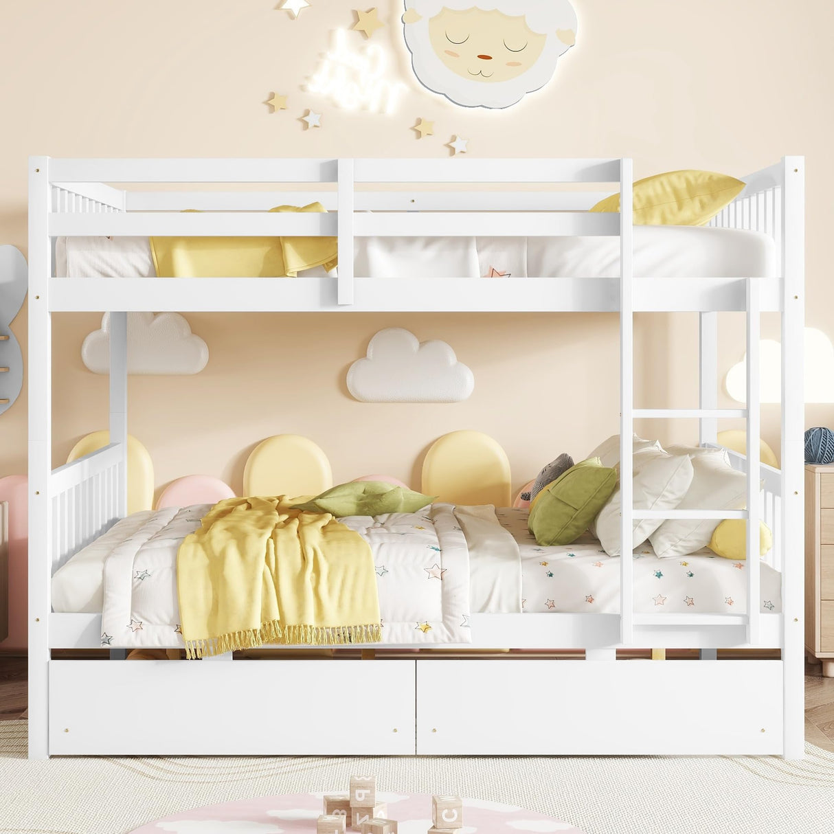 Ball & Cast Full Over Full Wood Bunk Bed for Kids,Convertible Storage Bunk Bed with Two Storage Drawers and Ladder,Can Be Divided Into Two Full Size Daybeds,No Box Spring Required,White Ball & Cast