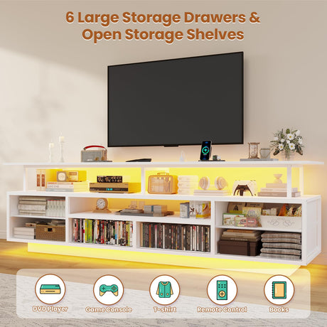 BTHFST LED TV Stand with Power Outlets for 65 70 Inches TVs, Entertainment Center with Open Shelves & 6 PU Fabric Drawers, TV Media Console Table for Living Room, Bedroom, White BTHFST