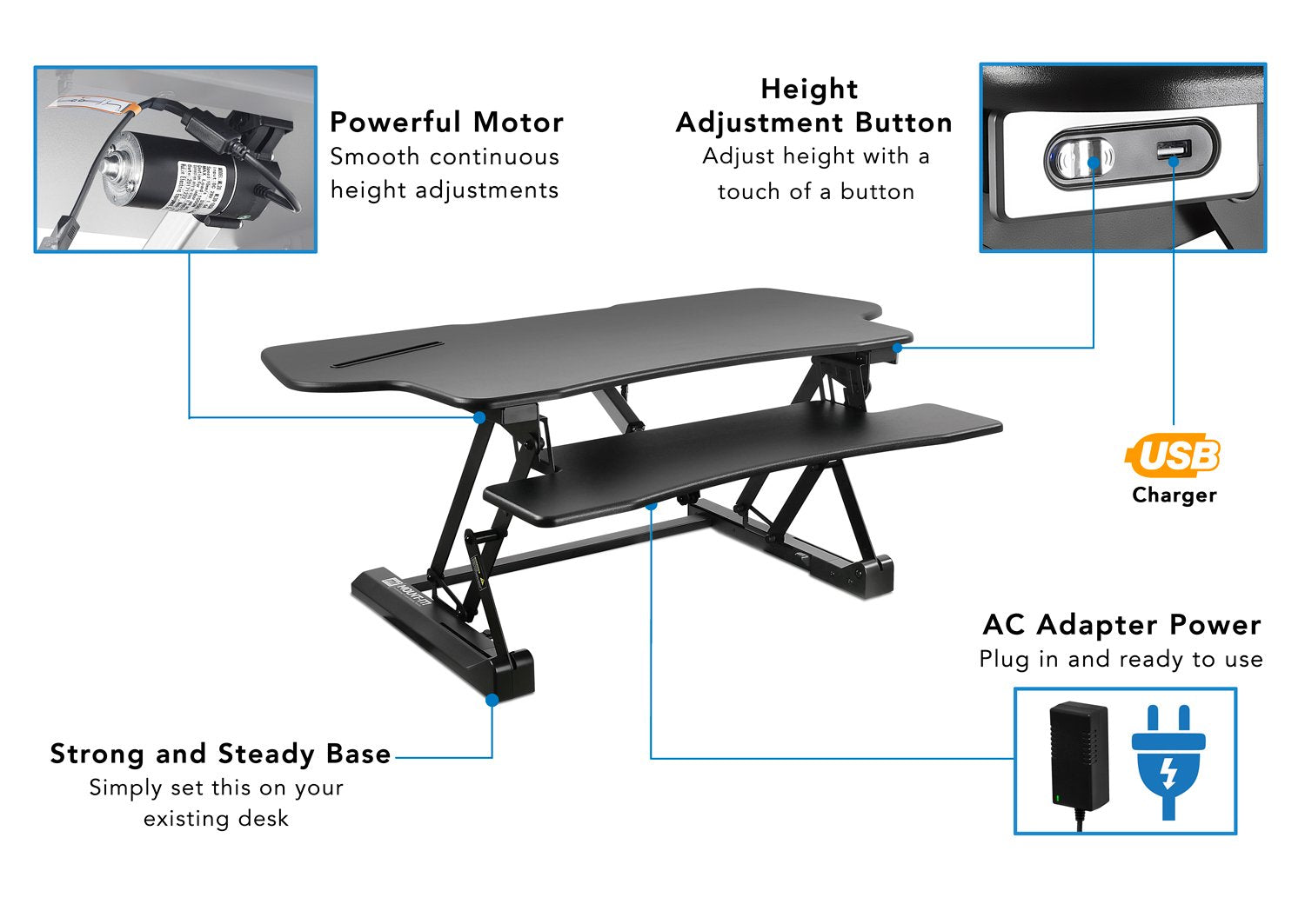 Mount-It! Adjustable Height Standing Desk Converter, Extra Large 48” Wide Tabletop for Dual Monitors, Stand Up Desk Riser to 19.25" Tall - Electric Raising Desk Convertor in Black - WoodArtSupply