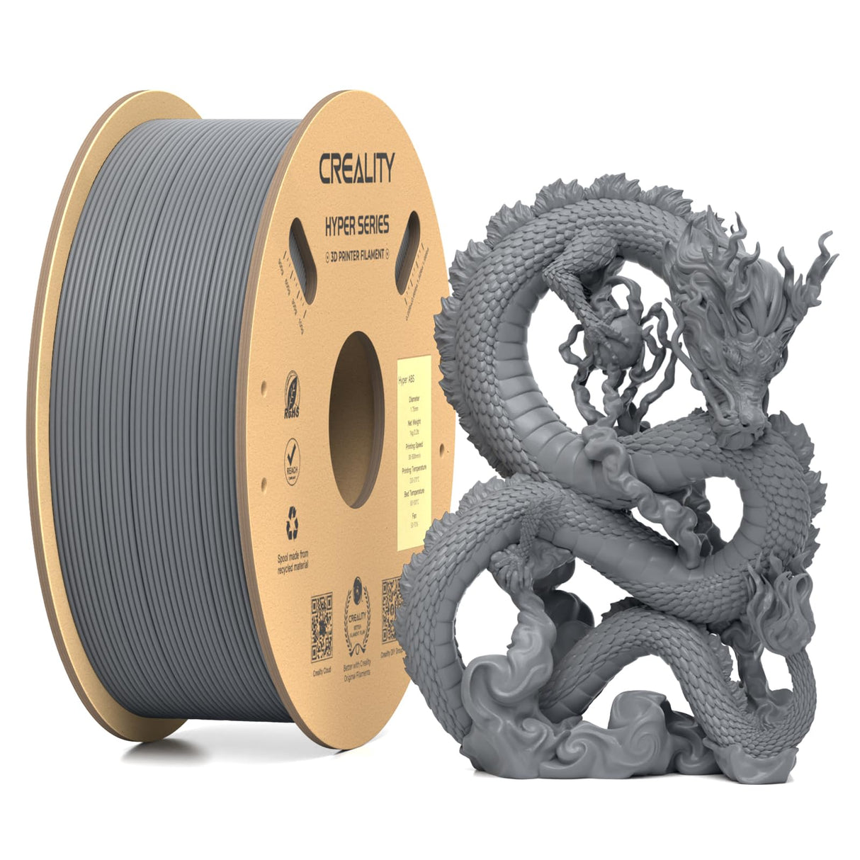 Creality Hyper ABS Filament 1.75mm, High Speed ABS 30-350mm/s 3D Printer Filament ABS, High Impact Resistance, Dimensional Accuracy +/-0.02mm, 1KG(2.2lbs) Spool Grey, Fit Most FDM 3D Printers Creality