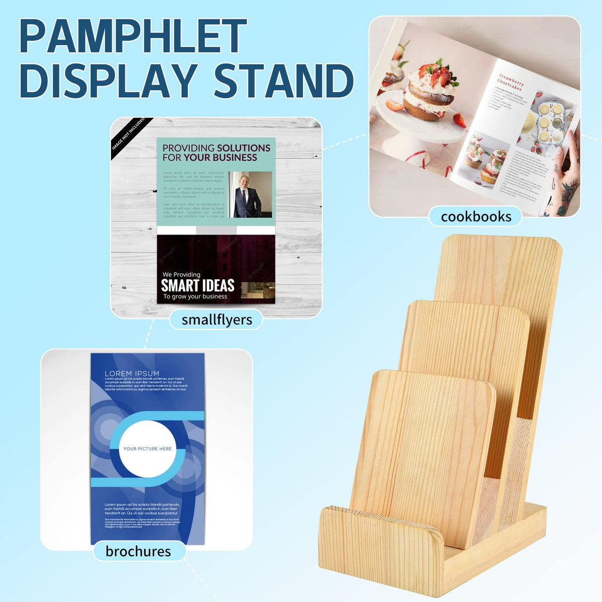 2 Pieces 3-Tier Pine Wood Literature Holder pamphlet display stand Trifold Brochure Organizer Flyer Holder Postcard Display and Countertop Wooden Display Stand Book Display for Magazine Pamphlet DOSTATNI