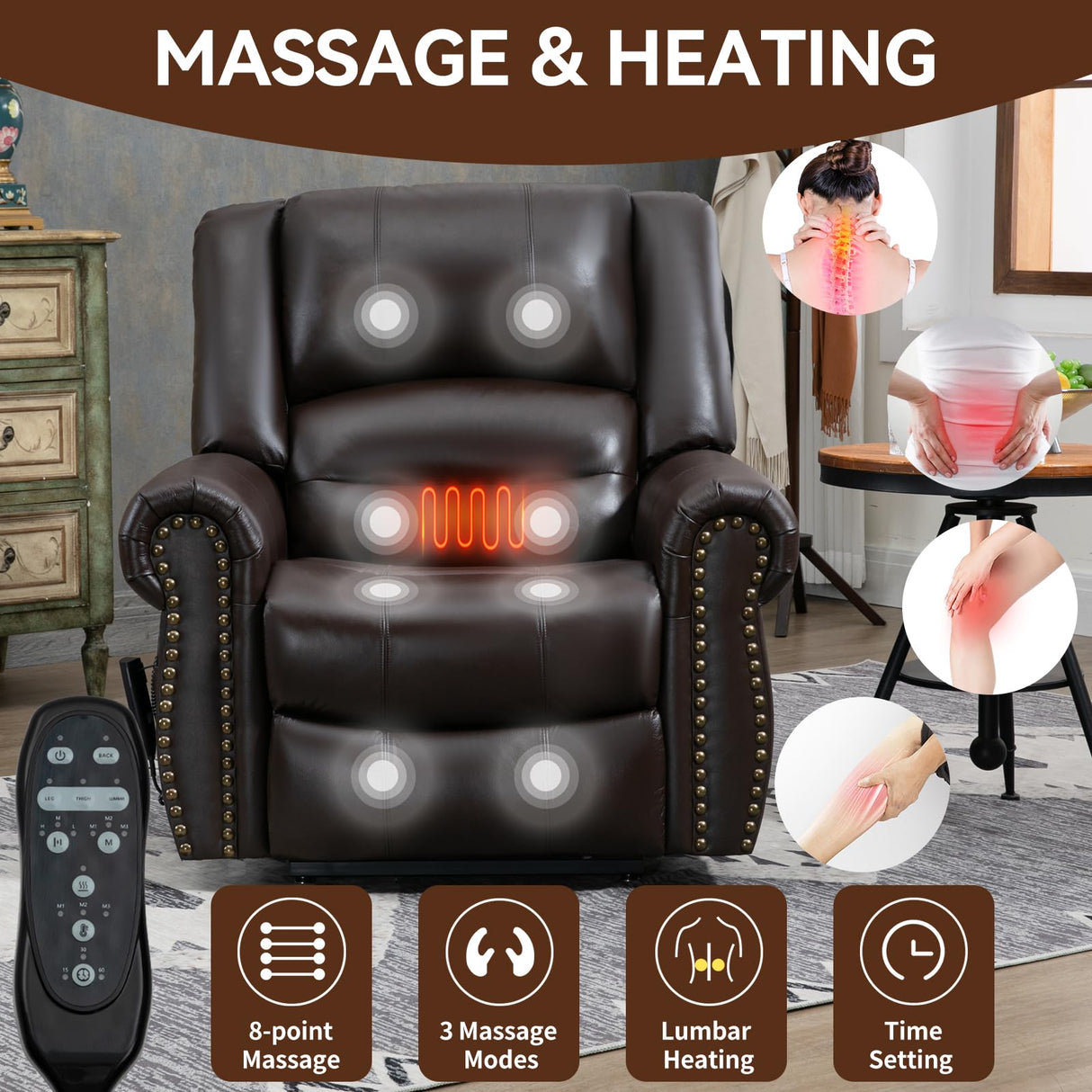Dual Motor Power Lift Chair, Lay Flat Recliner Chair, Electric Recliner with Massage and Heat for Elderly, Remote Control, Infinite Position, Standing Assistance, USB Ports, Genuine Leather, Brown Trustyue