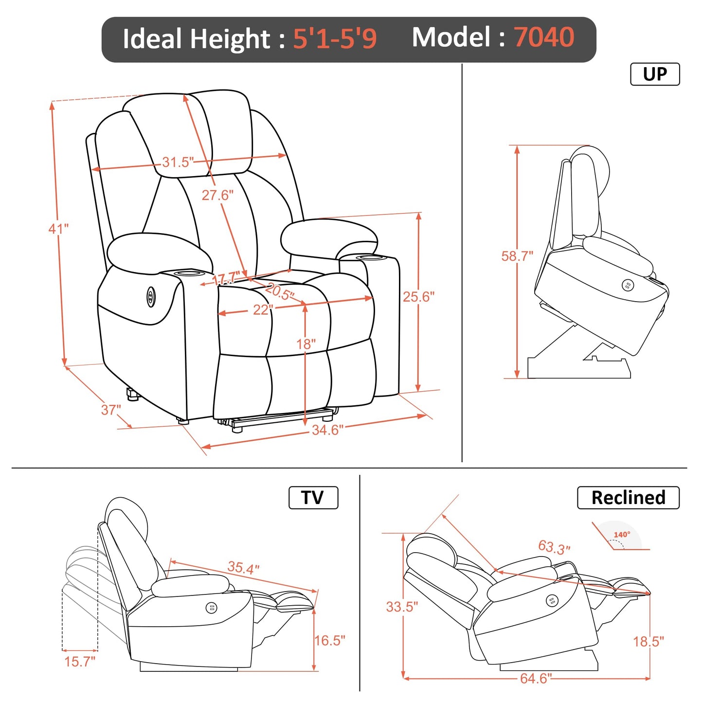 MCombo Medium Power Lift Recliner Chair Sofa with Massage and Heat for Elderly, 3 Positions, Cup Holders, and USB Ports, 2 Side Pockets, Fabric 7040 (Medium, Gray)