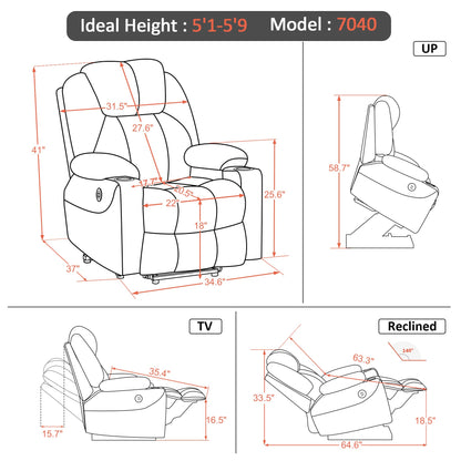 MCombo Medium Power Lift Recliner Chair Sofa with Massage and Heat for Elderly, 3 Positions, Cup Holders, and USB Ports, 2 Side Pockets, Fabric 7040 (Medium, Gray)