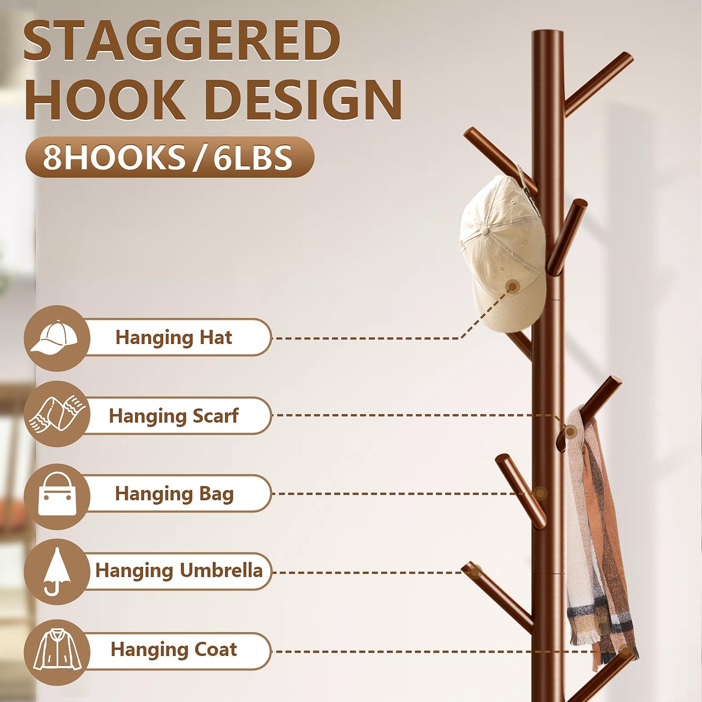 Aliphon Coat Rack, Freestanding Coat Rack, Wooden Coat Rack with 8 Hooks, 3 Adjustable Sizes Tree Coat Racks for Bedroom, Hallway, Entrance, Office, Clothes, Hats, Bags