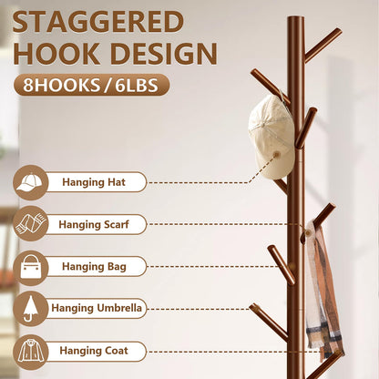 Aliphon Coat Rack, Freestanding Coat Rack, Wooden Coat Rack with 8 Hooks, 3 Adjustable Sizes Tree Coat Racks for Bedroom, Hallway, Entrance, Office, Clothes, Hats, Bags