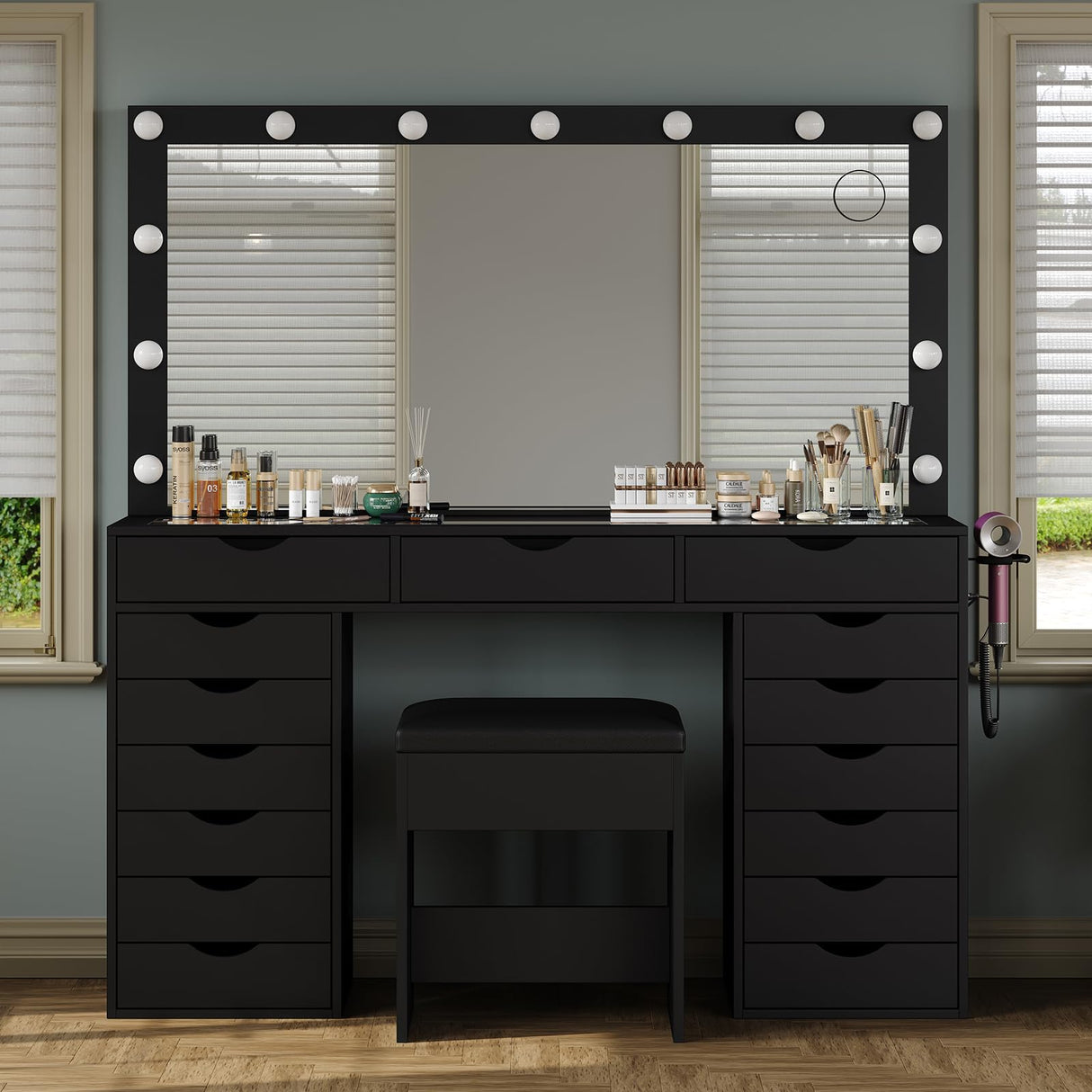 Yanosaku 15 Drawers Vanity Desk with Power Outlet, Makeup Table with Mirror and 13 LED Lights, 3 Color Lighting Modes, Brightness Adjustable, Glass Top Dressing Table, Vanity Set for Bedroom (Black) Yanosaku