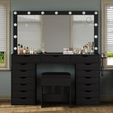 Yanosaku 15 Drawers Vanity Desk with Power Outlet, Makeup Table with Mirror and 13 LED Lights, 3 Color Lighting Modes, Brightness Adjustable, Glass Top Dressing Table, Vanity Set for Bedroom (Black) Yanosaku