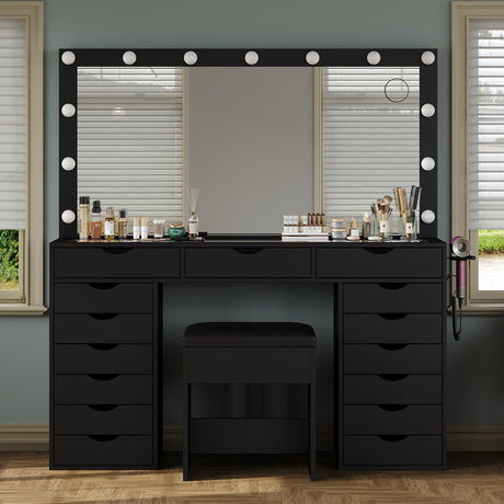 Yanosaku 15 Drawers Vanity Desk with Power Outlet, Makeup Table with Mirror and 13 LED Lights, 3 Color Lighting Modes, Brightness Adjustable, Glass Top Dressing Table, Vanity Set for Bedroom (Black) Yanosaku