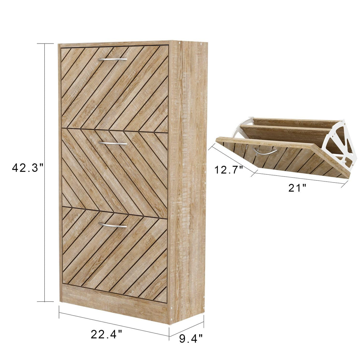 MOUMON Shoe Cabinet with 3 Flip Drawers, Slanted Design, Shoe Storage Organizer for Hallway Light Brown (22.4”W x 9.4”D x 42.3”H) MOUMON