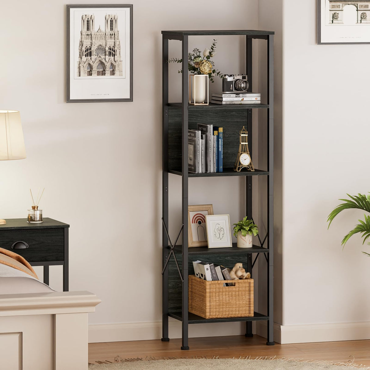 Furologee 5 Tier Tall Bookshelf with Back, Industrial Narrow Bookcase, Display Standing Shelf Units, Metal and Wood Storage Corner Shelves Organizer for Bedroom, Living Room, Entryway, Kitchen, Black Furologee