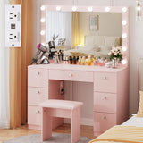 VOWNER Vanity with Lighted Mirror - Makeup Vanity Desk with Glass Top, 7 Drawers and Power Outlet, 3 Color Lighting Modes Adjustable Brightness, 44" Vanity Table with Stool for Women Girls, Pink VOWNER