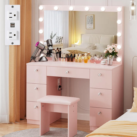 VOWNER Vanity with Lighted Mirror - Makeup Vanity Desk with Glass Top, 7 Drawers and Power Outlet, 3 Color Lighting Modes Adjustable Brightness, 44" Vanity Table with Stool for Women Girls, Pink VOWNER