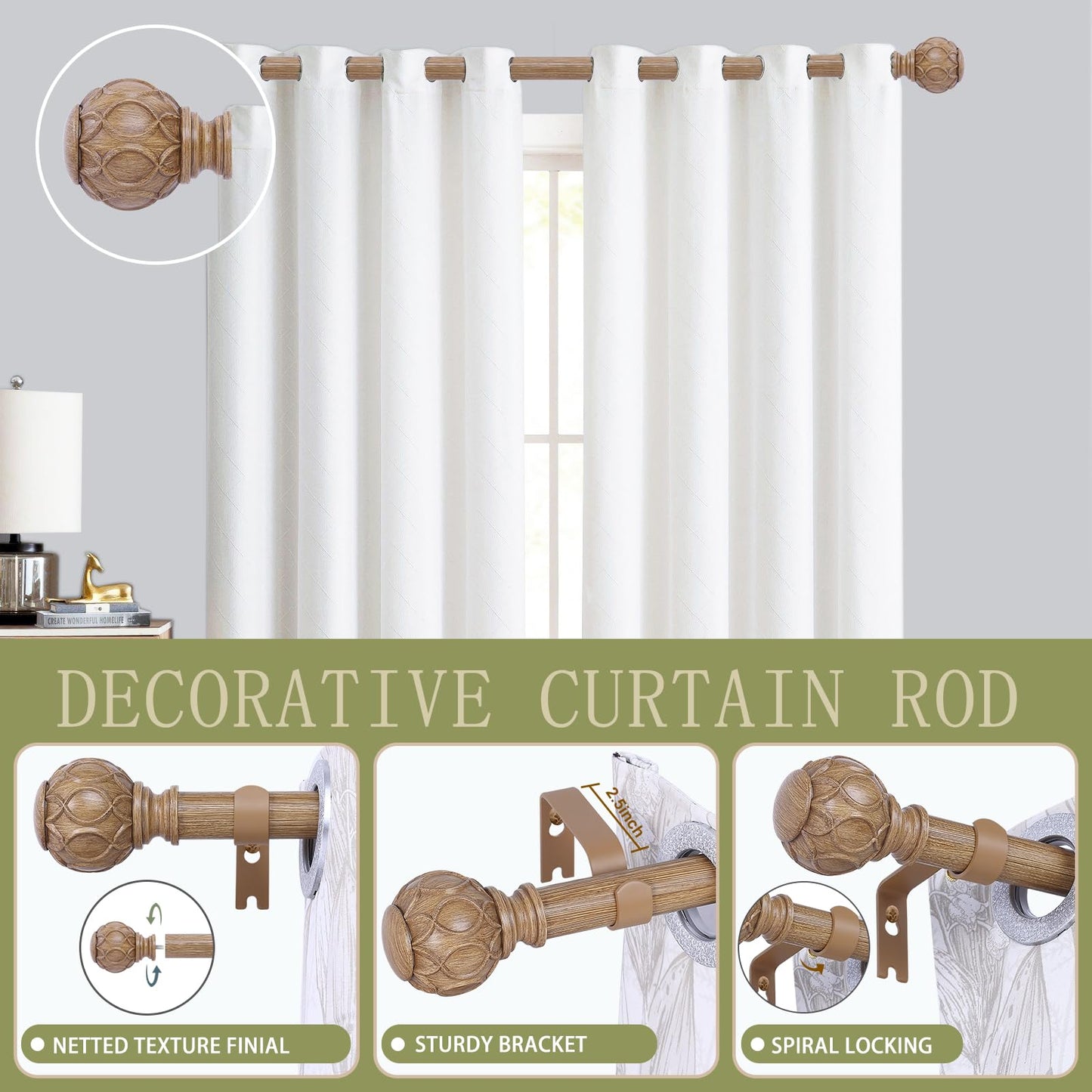 TANGWIN Wood Curtain Rods for Windows 48 to 84 Inch(4-7ft),1 Inch Adjustable Curtain Rod,Heavy Duty Curtain Rods,Wooden Netted Texture Finials Drapery Rods,Single Window Curtain Rod 36-88",Brown Wood