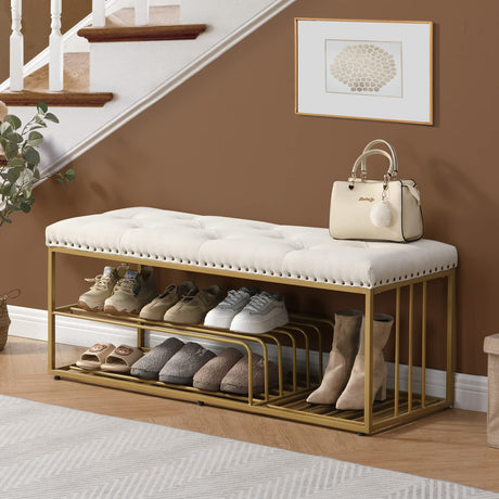 FERFALDER Linen Bench with Storage-Entryway Shoe Storage with Tufted Padded Seat,Gold Mental Frame Ottoman Bench for Bedroom Entry Window Mudroom Living Room,Beige FERFALDER