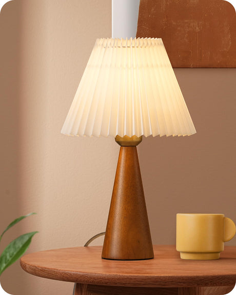 EDISHINE 13.58" Small Table Lamp, Wooden Base Nightstand Lamp, White Pleated Lampshade, Space-Saving Modern Bedside Lamp for Nursery Kids Room Bedroom Living Room, E26, ON-Off Button, Dark Rosewood EDISHINE