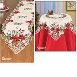 Pretty Poinsettia & Berries Christmas Table Linens, Square Collections Etc