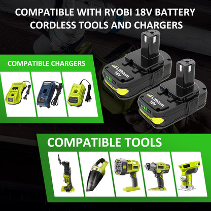 2-Pack 3000mAh P108 Lithium Replacement Battery Compatible with Ryobi 18V Battery P102 P103 P104 P105 P107 P108 P109 P190 P122 for 18 Volt Cordless Power Tools (Green) - WoodArtSupply