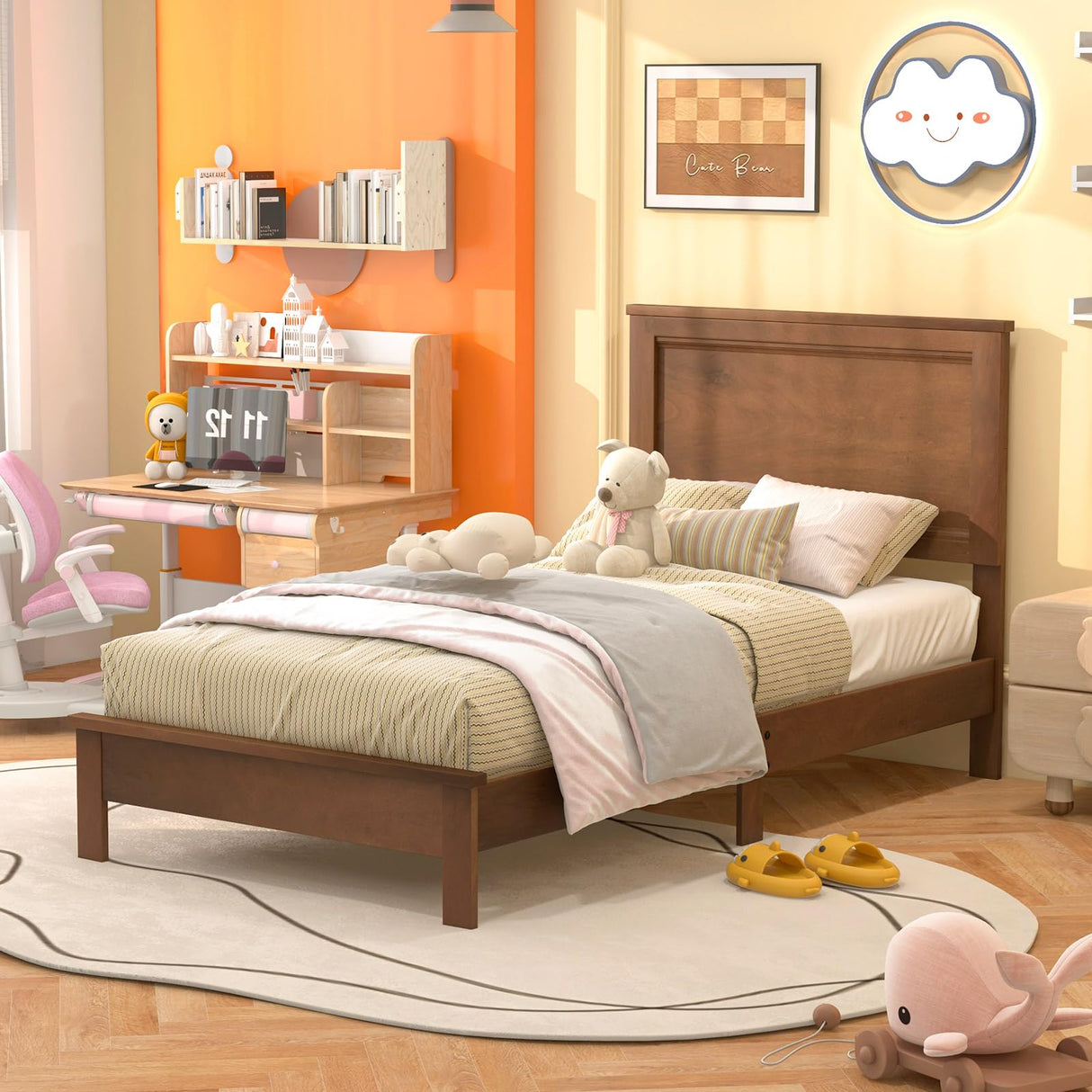 Giantex Wood Twin Bed Frames with Headboard, Mid Century Platform Bed Frame with Solid Wood Legs & Wooden Slat Support, Twin Bed Frames for Kids Adults, Walnut Bed Giantex